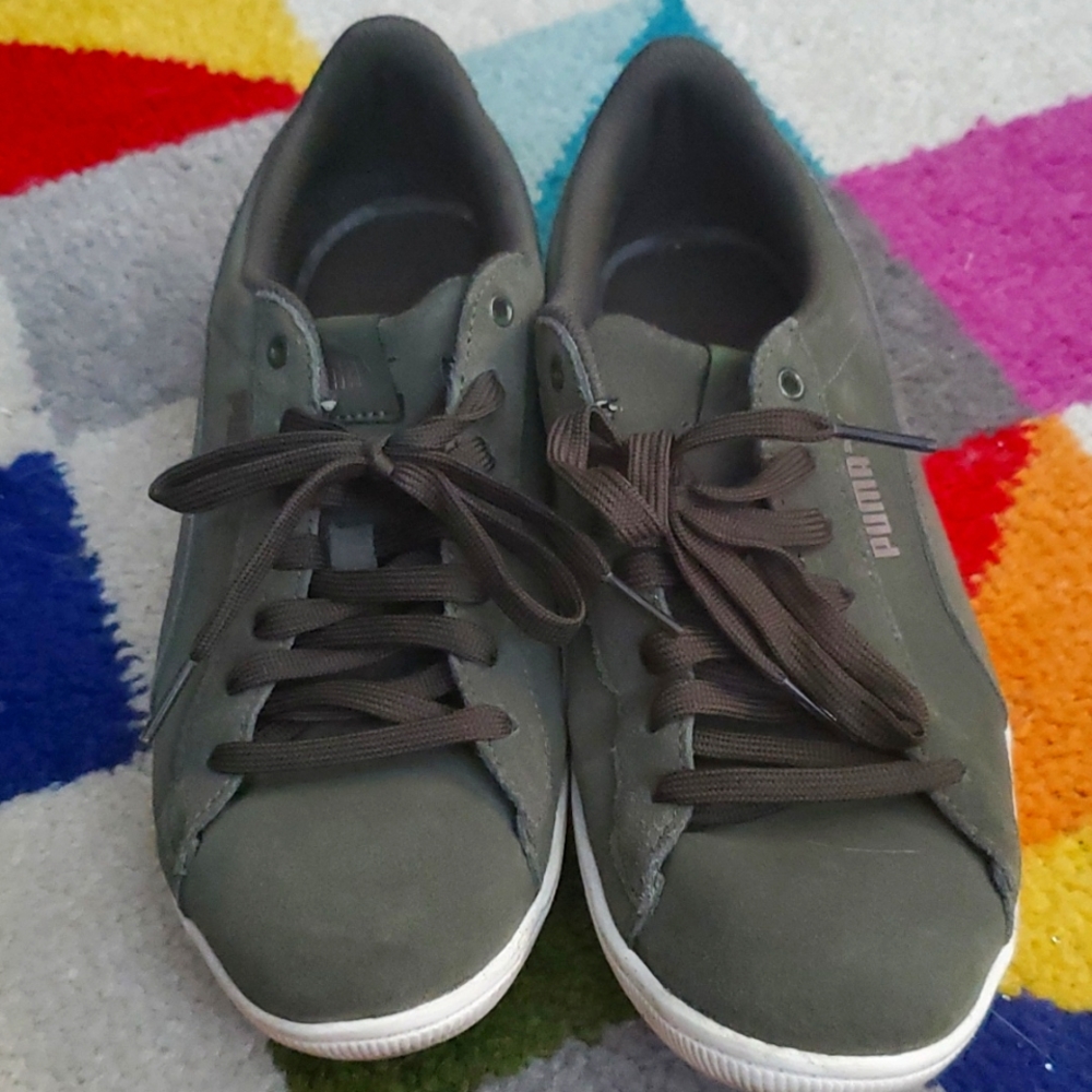 Puma olive colored slip on sneakers